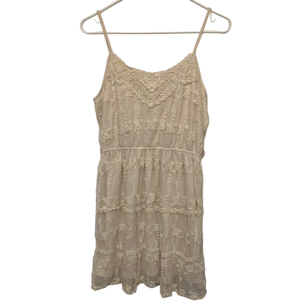 Pinky Cream Embroidered Lace Overlay Boho Babydoll Dress L